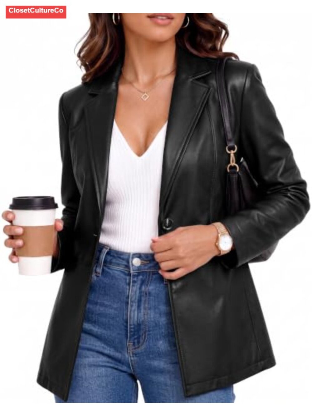 Faux Leather Blazer Dress Suit Jacket Lightly Fitted Women Long Sleeve